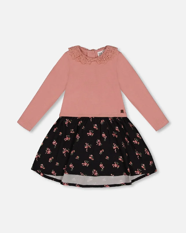 Take Advantage Bi-Material Dress With Eyelet Collar Light Pink Printed Flowers