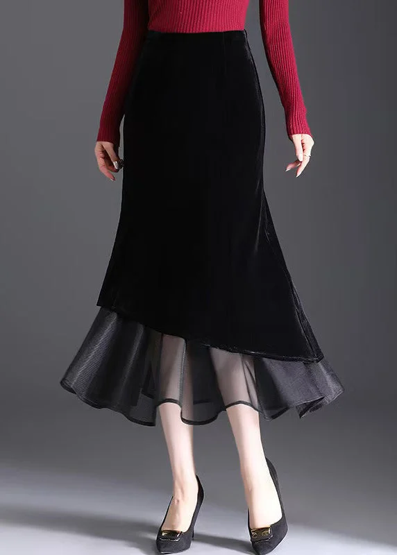 Inventory Reduction Elegant Black Zippered Elastic Waist Velvet Fishtail Skirts Spring RV003