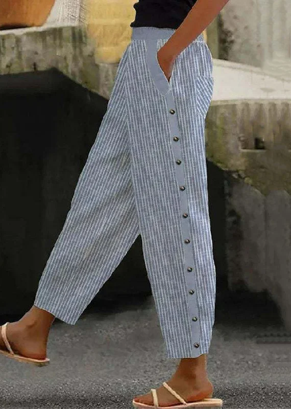 Limited Edition Vintage Blue Striped Pockets High Waist Cotton Crop Pants Summer QA028 Limited Edition Vintage Blue Striped Pockets High Waist Cotton Crop Pants Summer QA028
