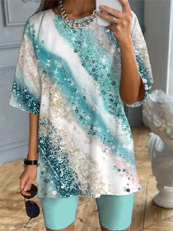 Shop and Save Blue Gradient Loose Knit T-Shirt & Pants Two-Piece Set  QF92