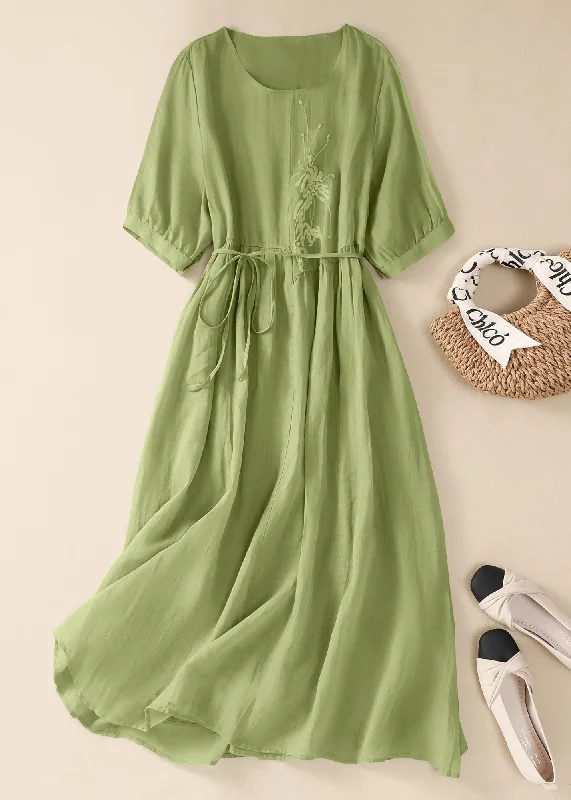 Savings Alert Chinese Style Green O-Neck Embroidered Tie Waist Cotton Dresses Summer AM1047