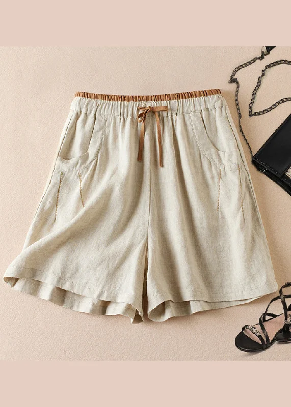 Weekend Deal Organic Linen Pockets Elastic Waist Cotton Shorts Summer AM1040