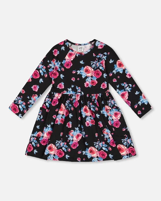 Daily Deals Printed Roses Dress With Pockets Black