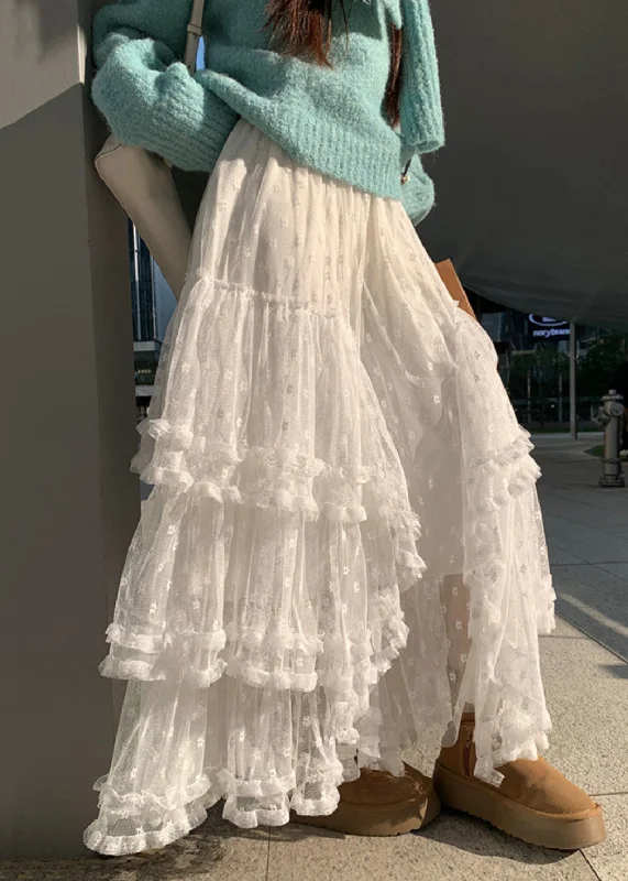 Extra Discounts French White Ruffled High Waist Lace Skirts Spring RV016