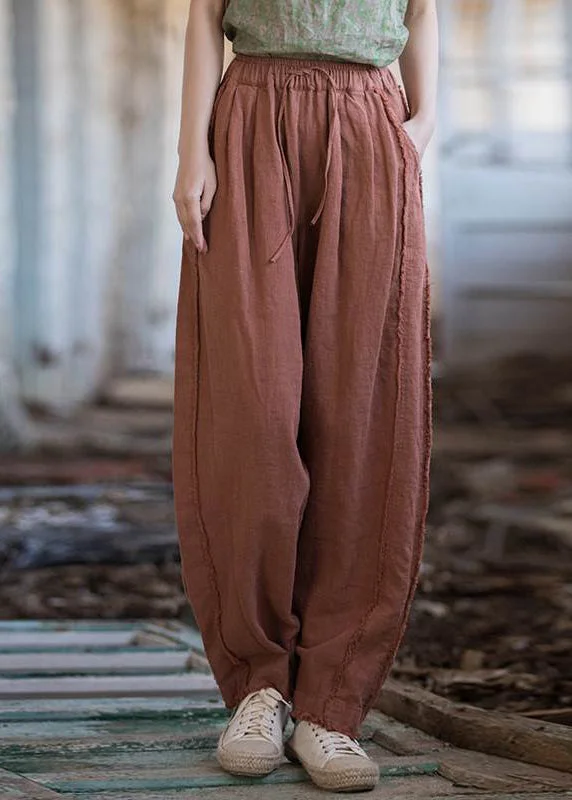 Can't Miss New Brick Red Pockets Drawstring Linen Pants Summer QE028