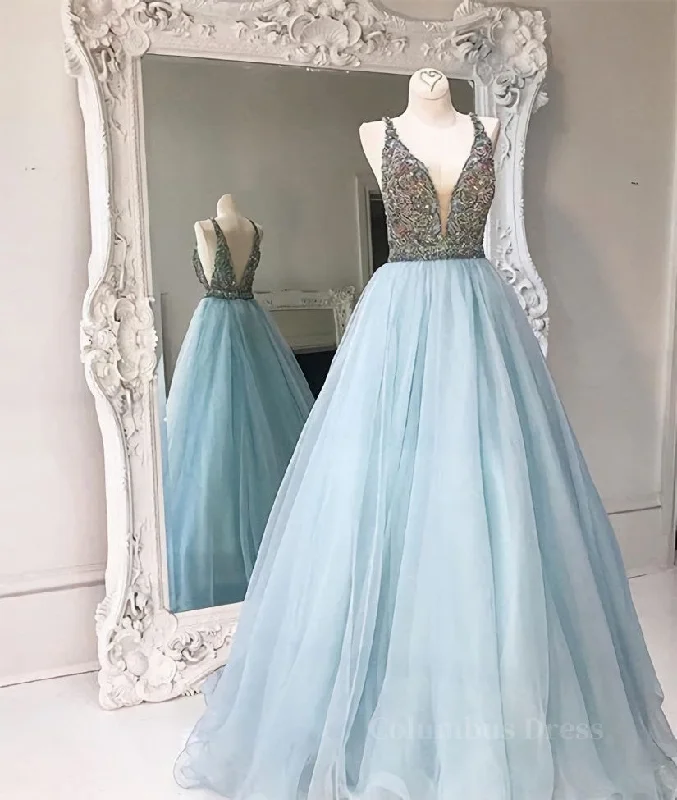 Weekend Special V Neck And V Back Sequin Tulle Long Blue Corset Prom Dresses, Blue Evening Dresses outfit