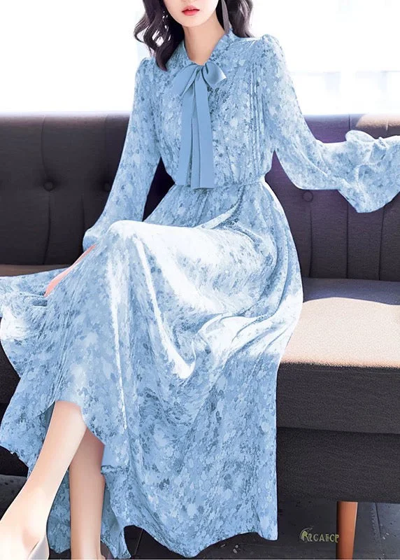 Early Access Chic Blue Bow Print High Waist Chiffon Long Dress Fall QR043