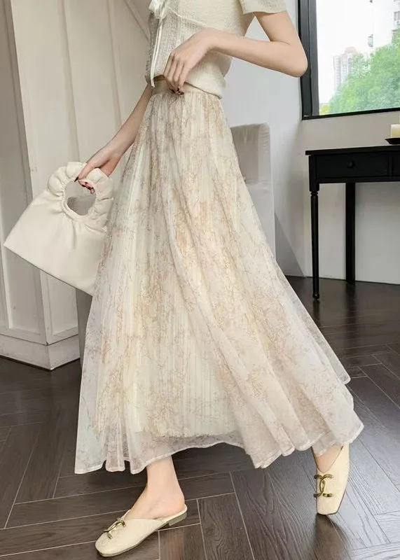 Deal Dash Elegant Apricot Print Elastic Waist Chiffon Skirts Summer RV019