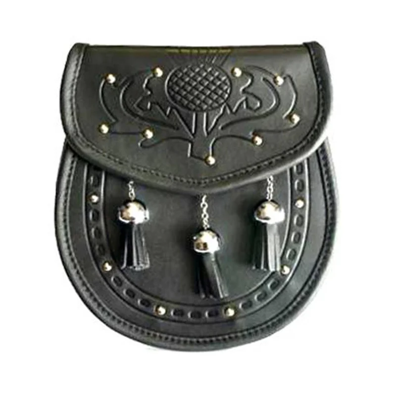 Online Only Black or Brown Plain Leather Sporran With 3 Chrome Chain Tassels