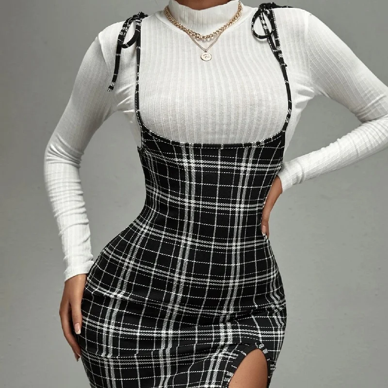 Amazing Deals Plaid Print Tie Shoulder Split Hem Suspender Dress