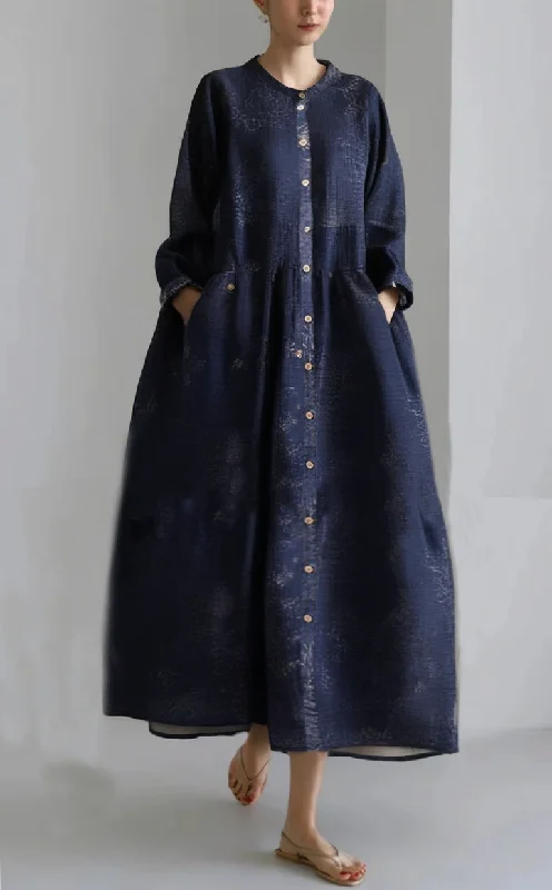 Special Price Grace Blue Button Patchwork Pockets Fall Print Long sleeve Dress QB038 Special Price Grace Blue Button Patchwork Pockets Fall Print Long sleeve Dress QB038