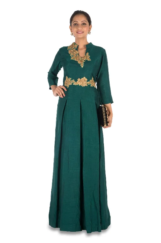 Bargain Prices Dark Green Box Pleat Gown
