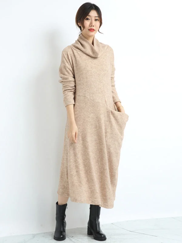 Super Bargain Casual Loose Cream Heaps Collar Pockets Long Sleeve Knit Dress AN1074