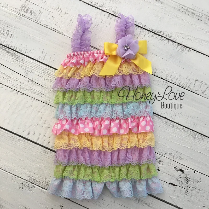 Weekend Deal Satin & Lace Petti Romper - Easter Pastels - with lavender flower embellishment Weekend Deal Satin & Lace Petti Romper - Easter Pastels - with lavender flower embellishment