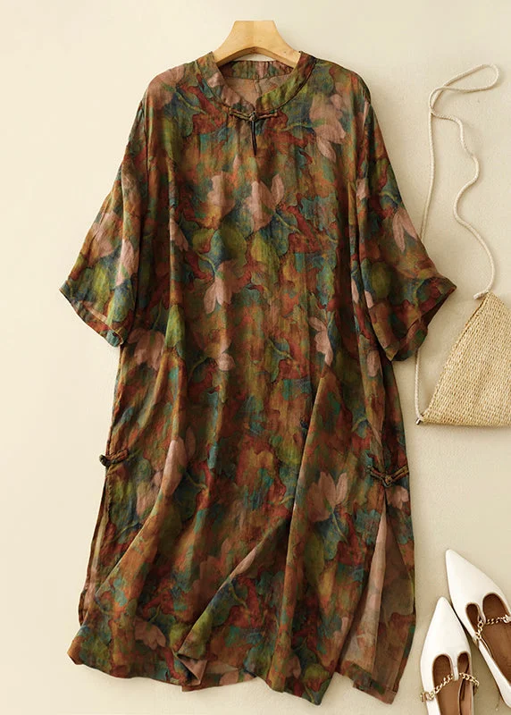 Deal of the Day Retro Stand Collar Button Print Linen Dress Summer AM1071