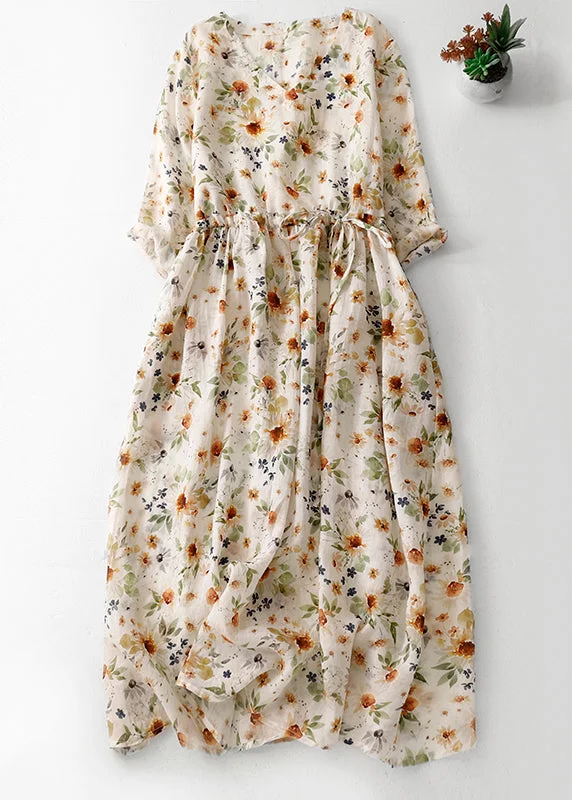 While Supplies Last Natural Green V Neck Print Drawstring Cotton Long Dresses Summer AM1067 While Supplies Last Natural Green V Neck Print Drawstring Cotton Long Dresses Summer AM1067