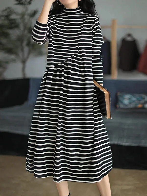 Overstock Sale Women Stripe Turtleneck Cotton Dress