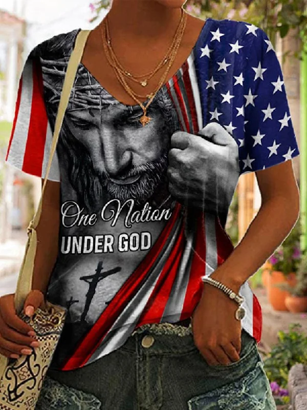 Super Sale Casual V Neck Flag T-Shirt  cc178