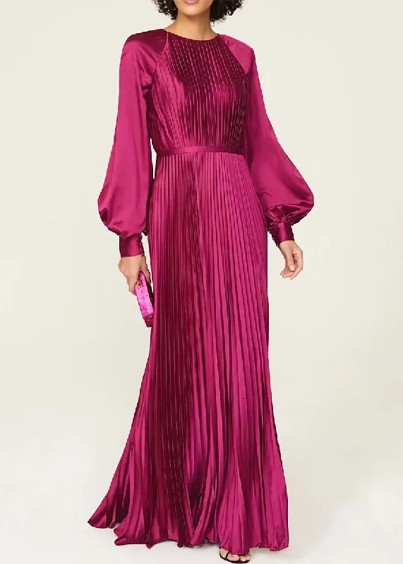 Early Bird Discount Elegant Wine Red O Neck Wrinkled High Waist Silk Dresses Fall QR036