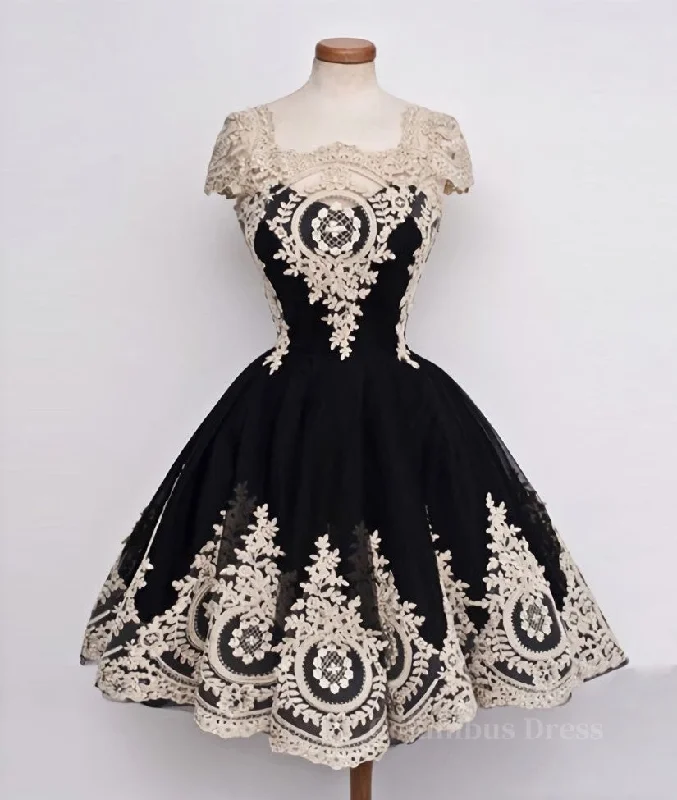 Super Bargain Cute Lace Applique Black Short Corset Prom Dresses, Lace Applique Corset Homecoming Dresses outfit Super Bargain Cute Lace Applique Black Short Corset Prom Dresses, Lace Applique Corset Homecoming Dresses outfit