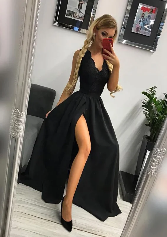 Super Deal A-line/Princess Scalloped Neck Sleeveless Long/Floor-Length Elastic Satin Corset Prom Dress With Lace Split outfit
