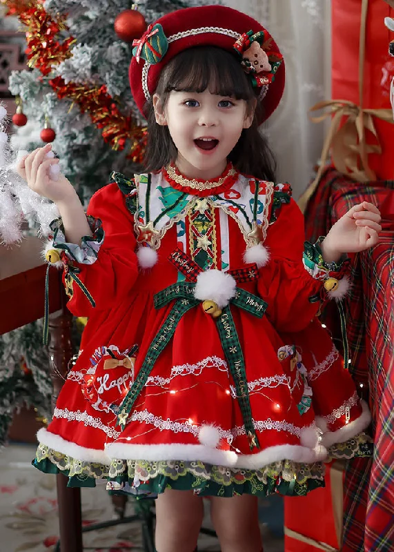 Steals and Deals Style Red Print Warm Fleece Party Kids Mid Dress Winter RP035