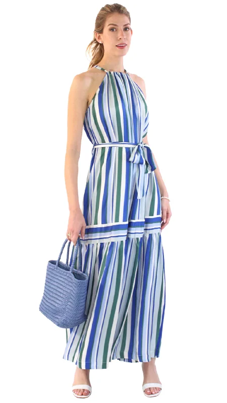 Shop and Save Striped Halter Dress - Green / Blue / Cream