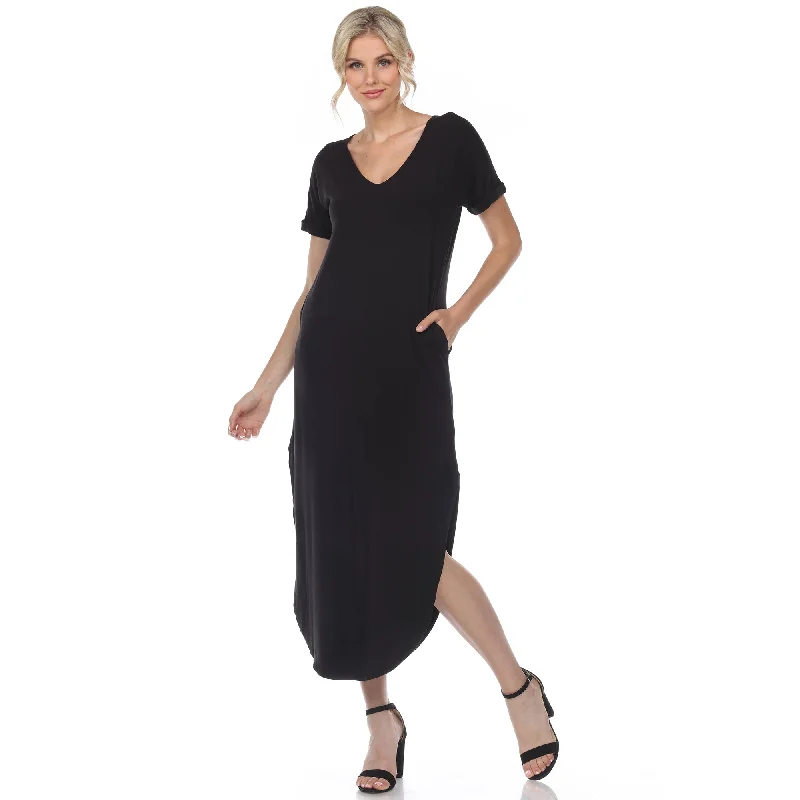 Deal Mania White Mark Womens V-neck Maxi Dress Short Sleeve Casual Pocket Size S-3X