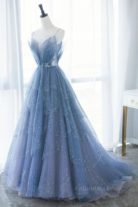 Fantastic Offers Shiny Tulle V Neck Blue Long Corset Prom Dress, Blue Tulle Corset Formal Evening Dress, Blue Corset Ball Gown outfits