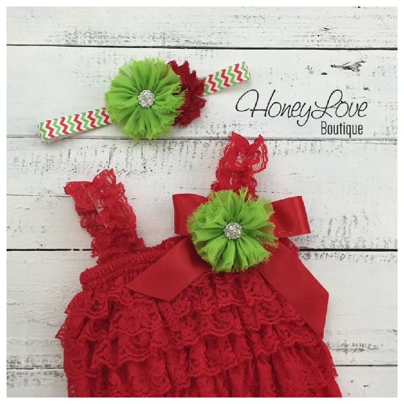 Hurry In Lace Petti Romper - Embellished Christmas Red Lace Petti Romper and matching headband Hurry In Lace Petti Romper - Embellished Christmas Red Lace Petti Romper and matching headband