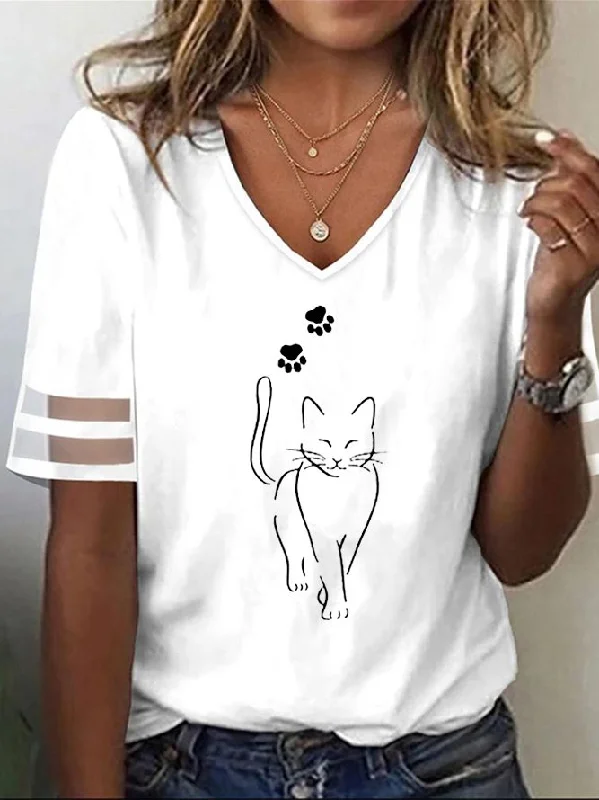 Early Access V Neck Casual Loose Cat T-Shirt  WS111