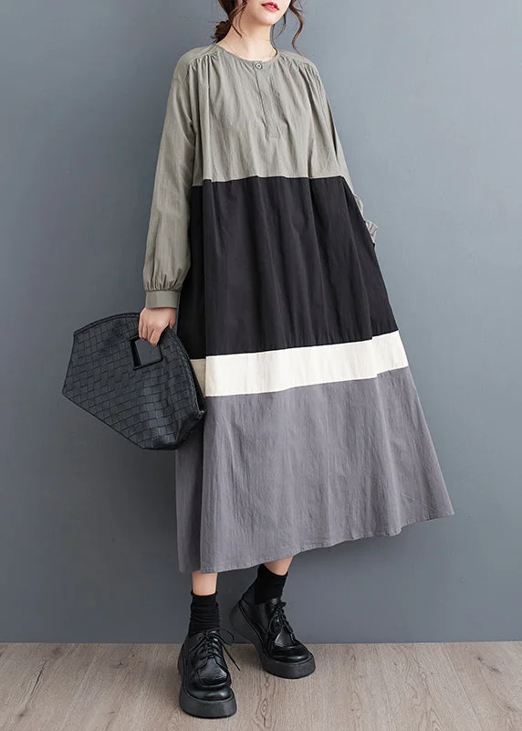 New Markdowns Plus Size Black O Neck Patchwork Cotton Long Dress Fall QA056