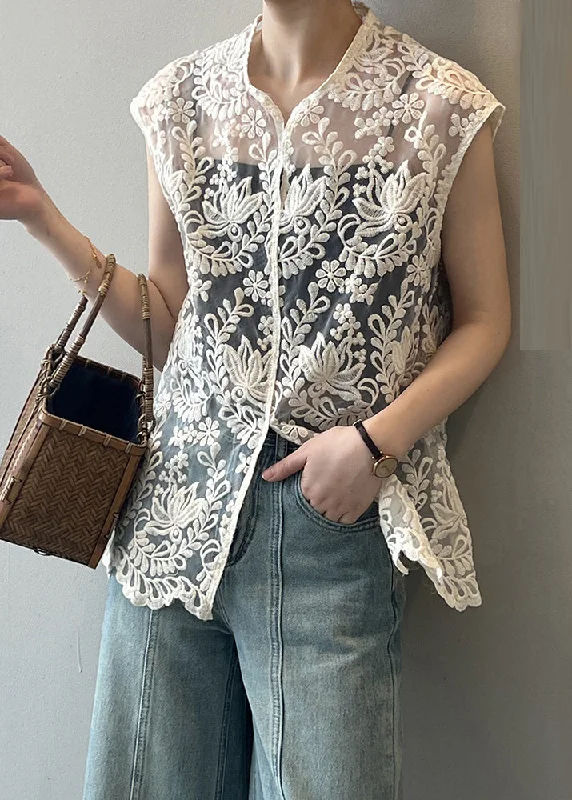 YEAR-End Sale Sexy Beige V Neck Embroidered Floral Hollow Out Shirts Summer VB1076
