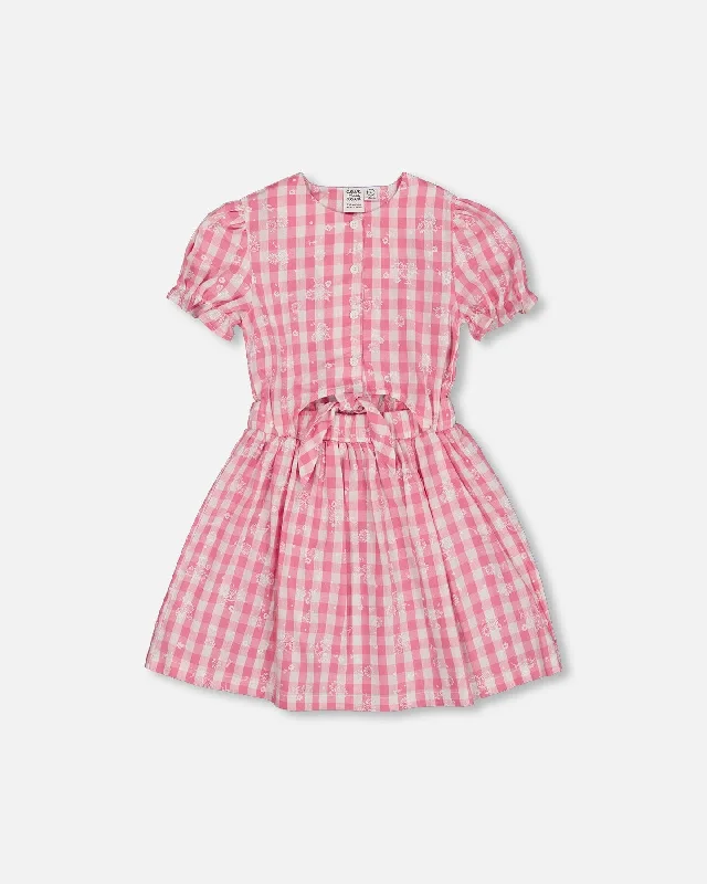 Extra Savings Puff Sleeve Dress With Waist Tie Pink And White Checks