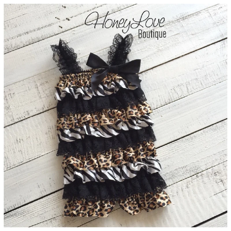 Amazing Deals Satin and Lace Petti Romper - Zebra and Leopard Animal Print Satin & Black Lace
