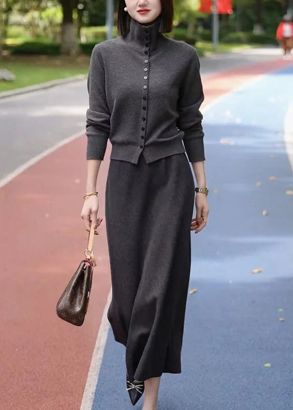 Weekend Flash Sale Casual Dark Grey Stand Collar Cotton Knit Cardigans And Maxi Skirts Two Piece Set Winter RF035