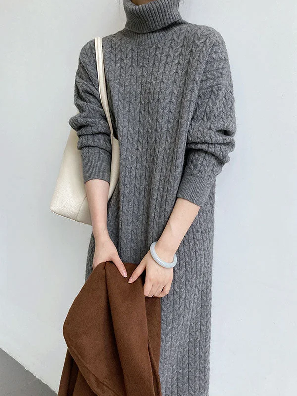 Lowest Price Casual Grey High-Neck Long Sleeve Twist Knit Dress AN1053