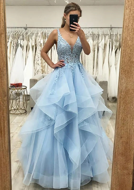 Lowest Prices A-line V Neck Sleeveless Long/Floor-Length Tulle Satin Corset Prom Dress With Lace Appliqued Gowns