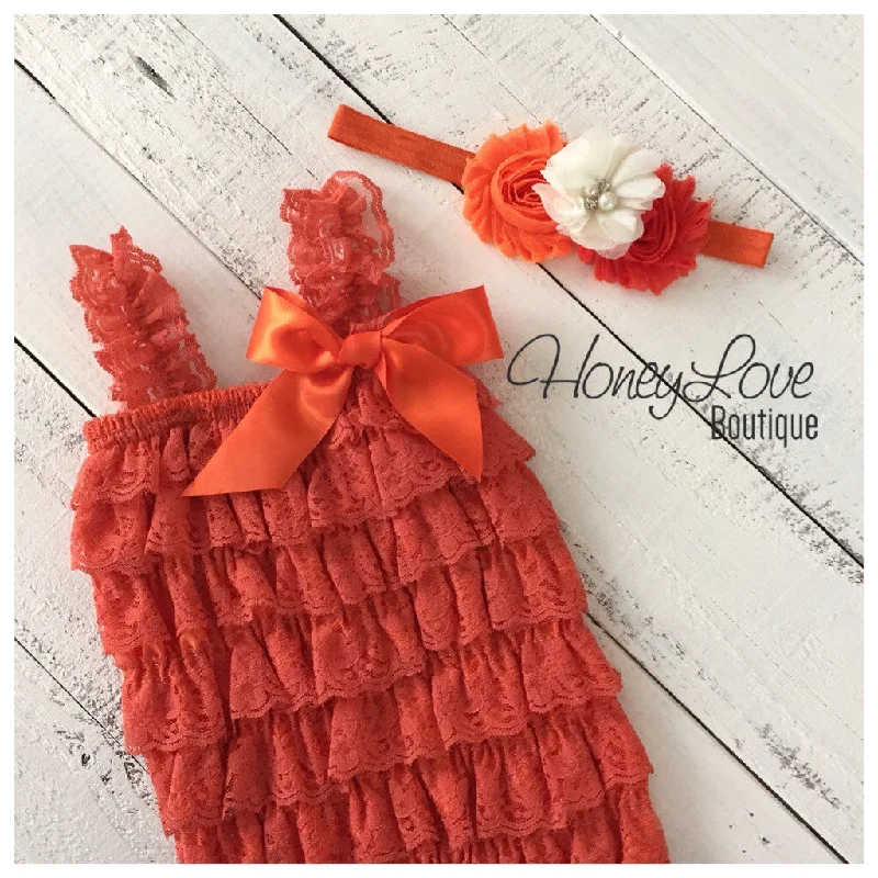Epic Deals Lace Petti Romper - Embelished Orange romper and matching headband