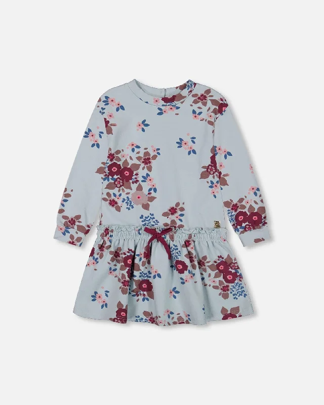 Online Only Fleece Dress Light Blue Printed Big Flowers
