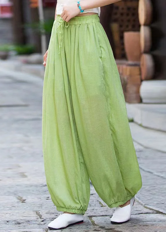 Lowest Prices Simple Green Pockets Elastic Waist Linen Beam Pants Summer QE023