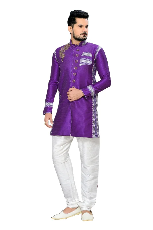 Don't Miss Traditional Purple Art Silk And Dupioni Raw Silk Indian Wedding Sherwani For Men
