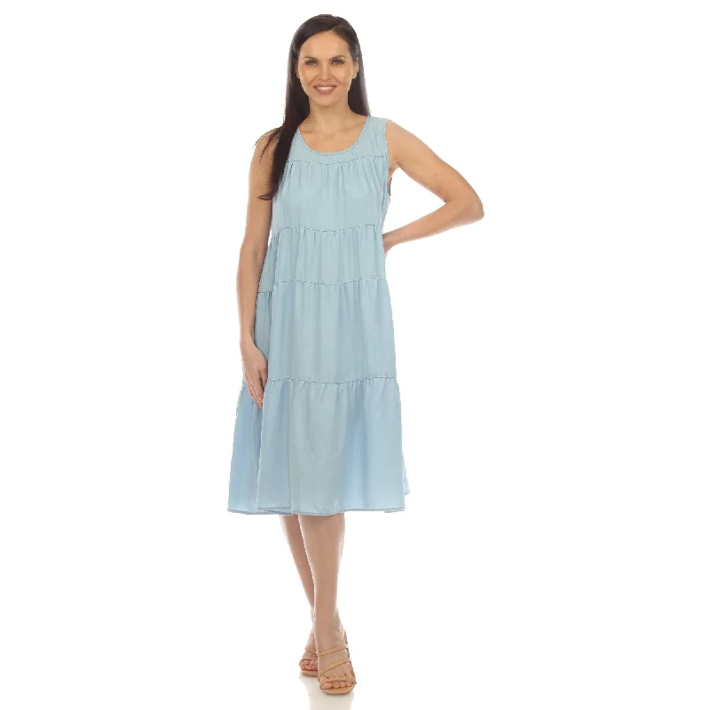 Don't Miss White Mark Womens Sleeveless Chambray Tiered Midi Dress Casual Size Available Don't Miss White Mark Womens Sleeveless Chambray Tiered Midi Dress Casual Size Available