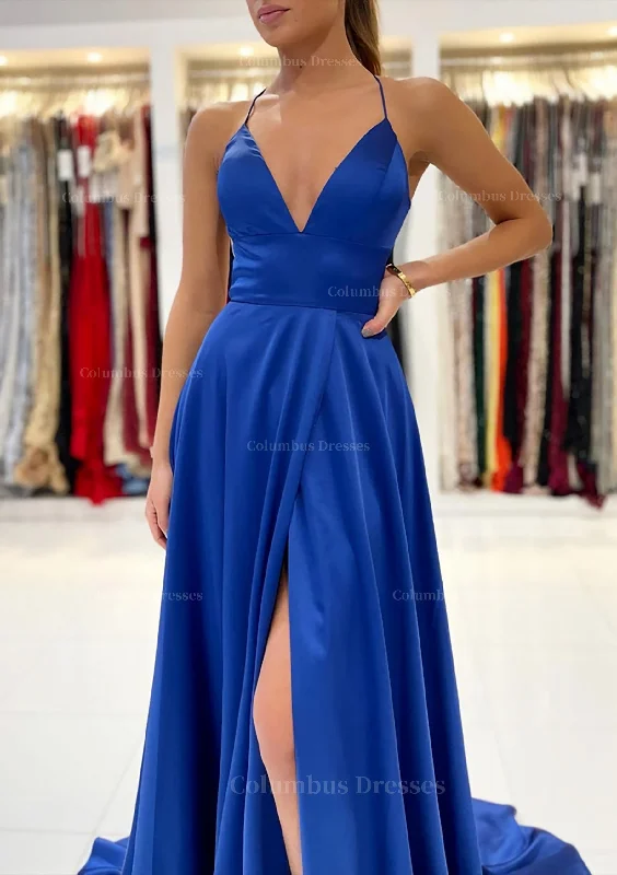 Flash Sale A-line V Neck Sleeveless Charmeuse Sweep Train Prom Dress With Split