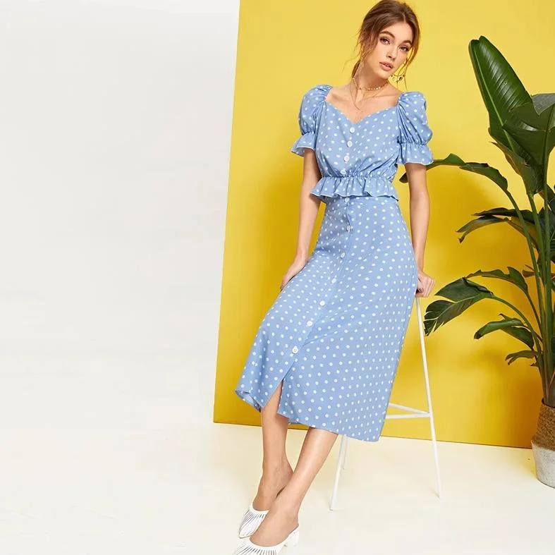 Online Only Women's Summer Polyester Puff-Sleeved Two-Piece Dress With Ruffles