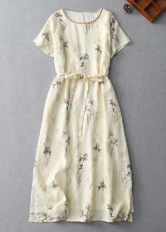 Extra Savings Boutique Apricot O-Neck Print Tie Waist Cotton Dress Summer AM1044