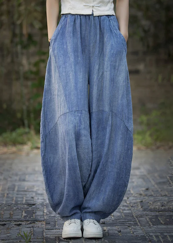 Extra Discounts Vintage Blue Pockets High Waist Linen Summer Pants QE021