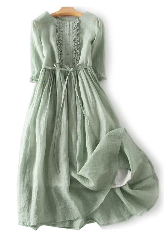 Overstock Elegant Green Ruffled Button Tie Waist Cotton Long Dress Half Sleeve QA030 Overstock Elegant Green Ruffled Button Tie Waist Cotton Long Dress Half Sleeve QA030