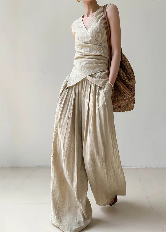 Deep Discounts Boutique Apricot V Neck Wrinkled Linen Vest And Wide Leg Pants Two Pieces Set Summer AN1025