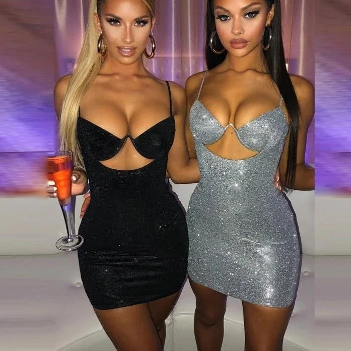 Exclusive Savings Sequin Women Strap Mini Dress V Neck Hollow Out Bodycon Sexy Streetwear Club Party Slim